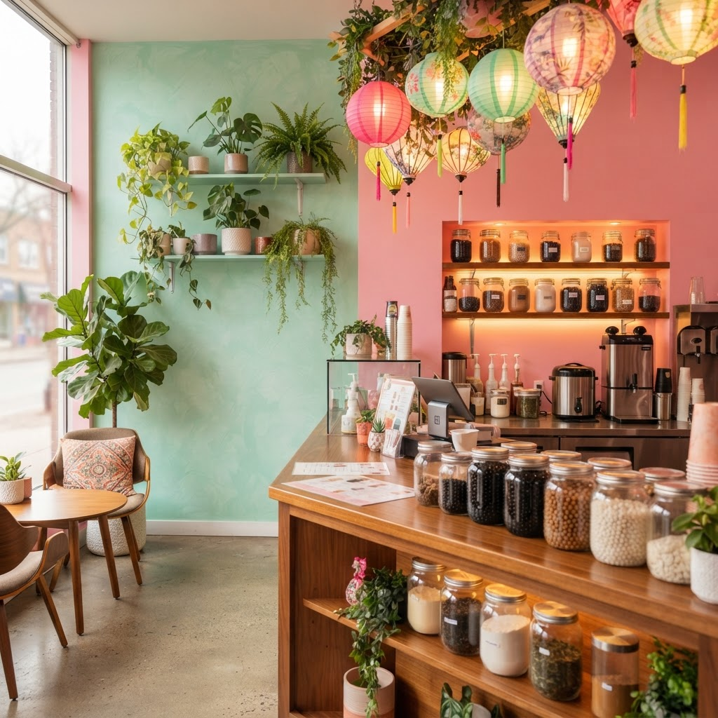 Cosy, colourful bubble tea cafe interior with pastel walls and jars of tapioca pearls