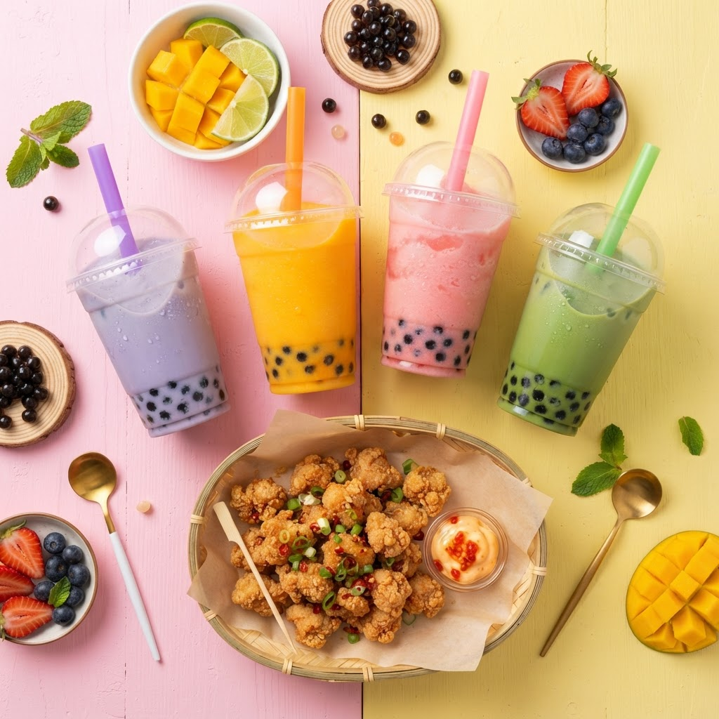 Colourful bubble teas, fresh fruit and fried chicken snacks arranged on a bright pink and yellow background