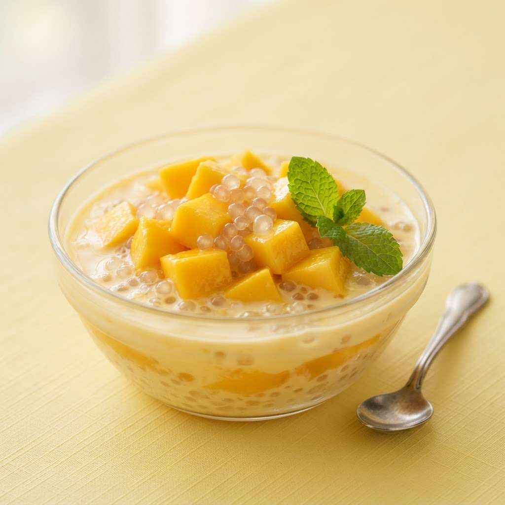 A bowl of mango sago dessert with fresh mango and coconut milk